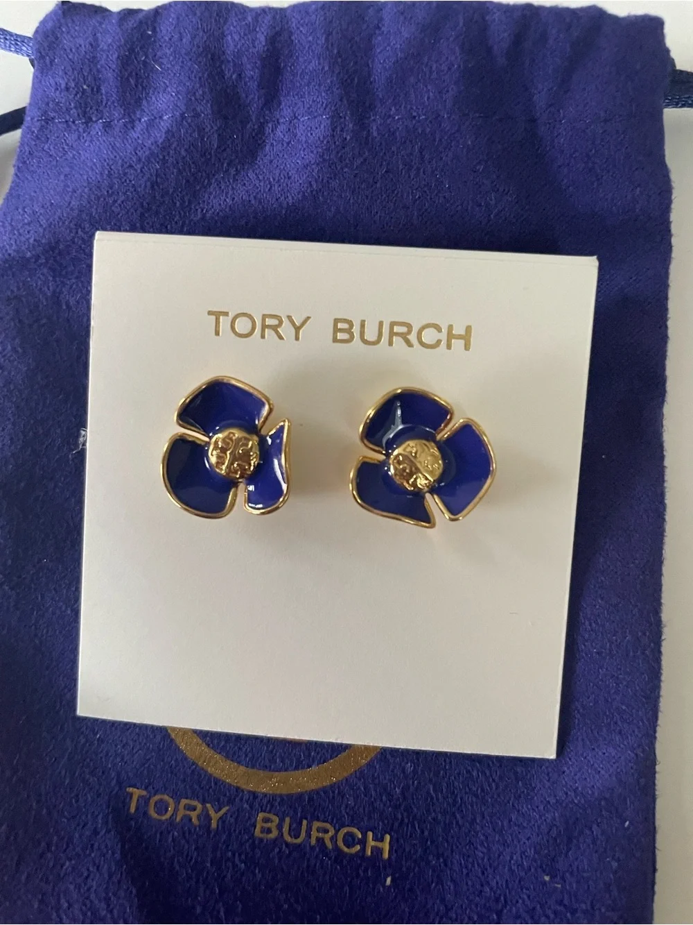 Tory Burch Royal Blue Enamel Flower Stud Earrings with Gold Trim